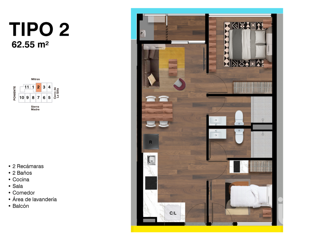 Departamento en preventa en Distrito Madero en el Centro de Monterrey 62.55 m2 - LockOff