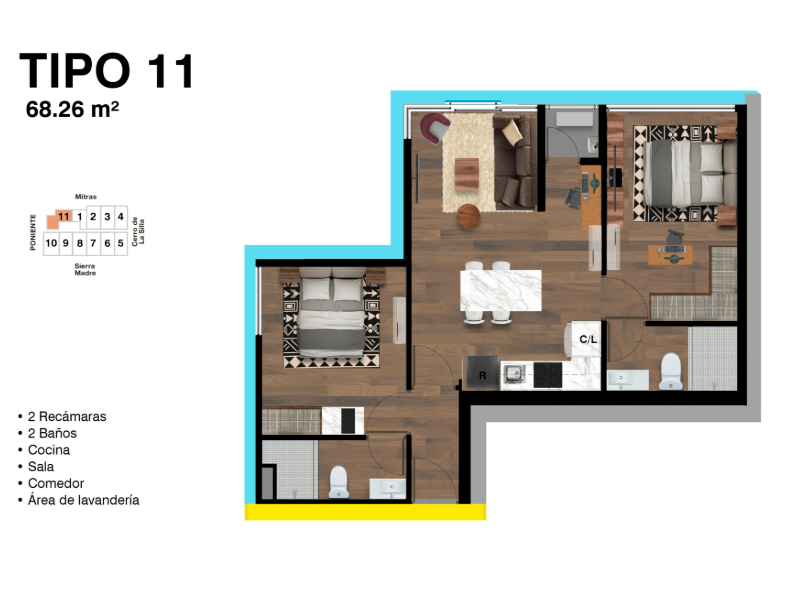 Departamento en preventa en Distrito Madero en el Centro de Monterrey 68.26 m2 - LockOff